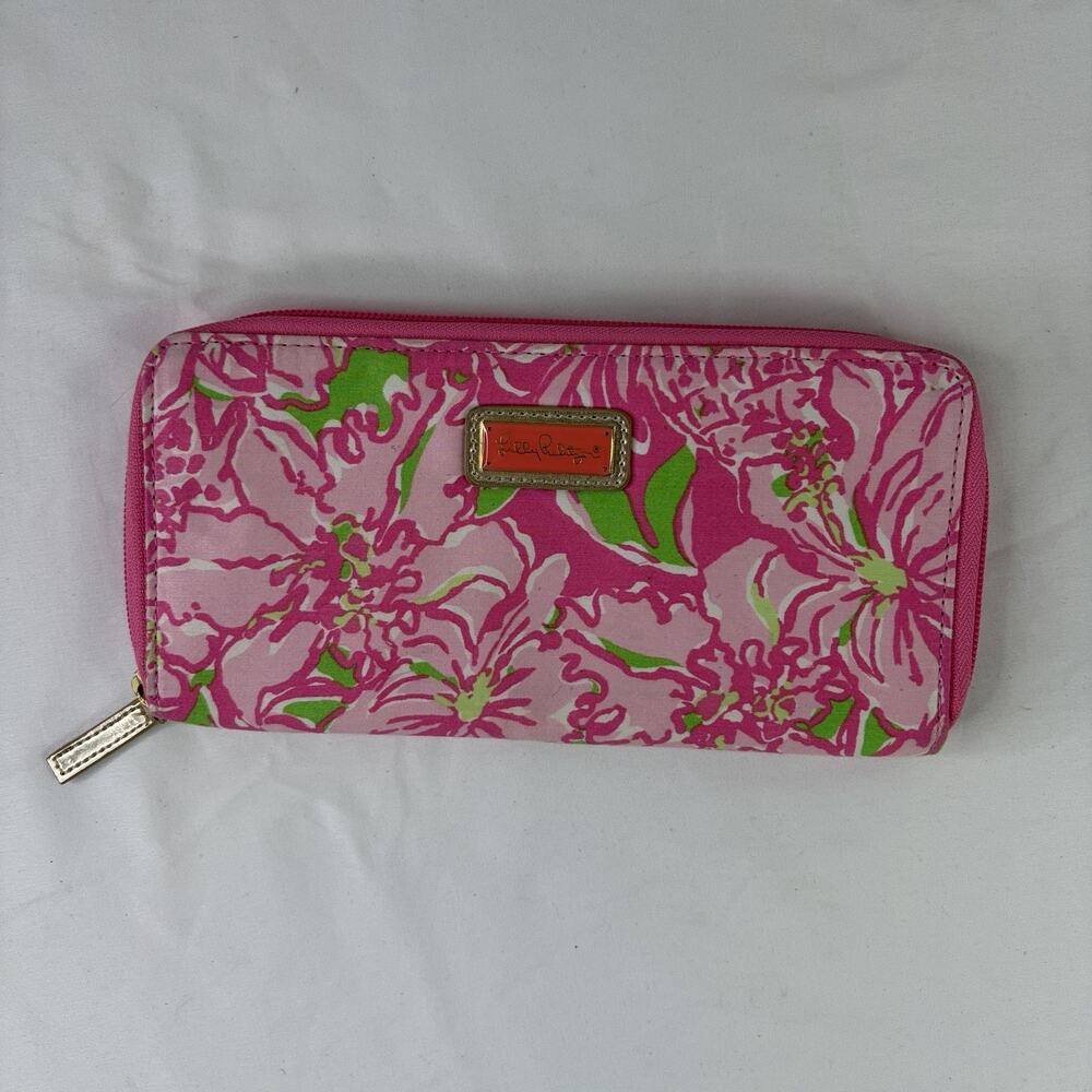 Lilly Pulitzer Pink Large Zip Around Wallet, pink, multipockets, checks, pen